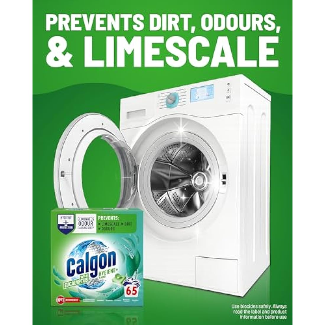 Calgon Hygiene Plus Washing Machine Cleaner & Limescale Remover, Water Softener Tablets, Unscented, 65 Tablets, Pack of 1