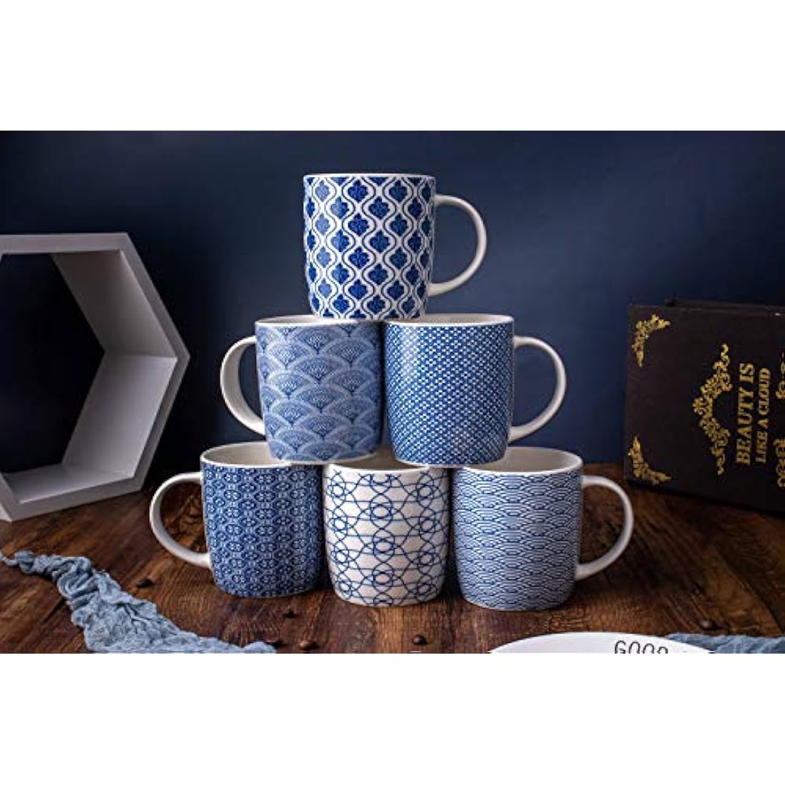 MACHUMA Set of 6 Coffee Mugs 340 ML/11.5 oz with Blue and White Geometric Patterns, Ceramic Tea Cup Set 6 Pack
