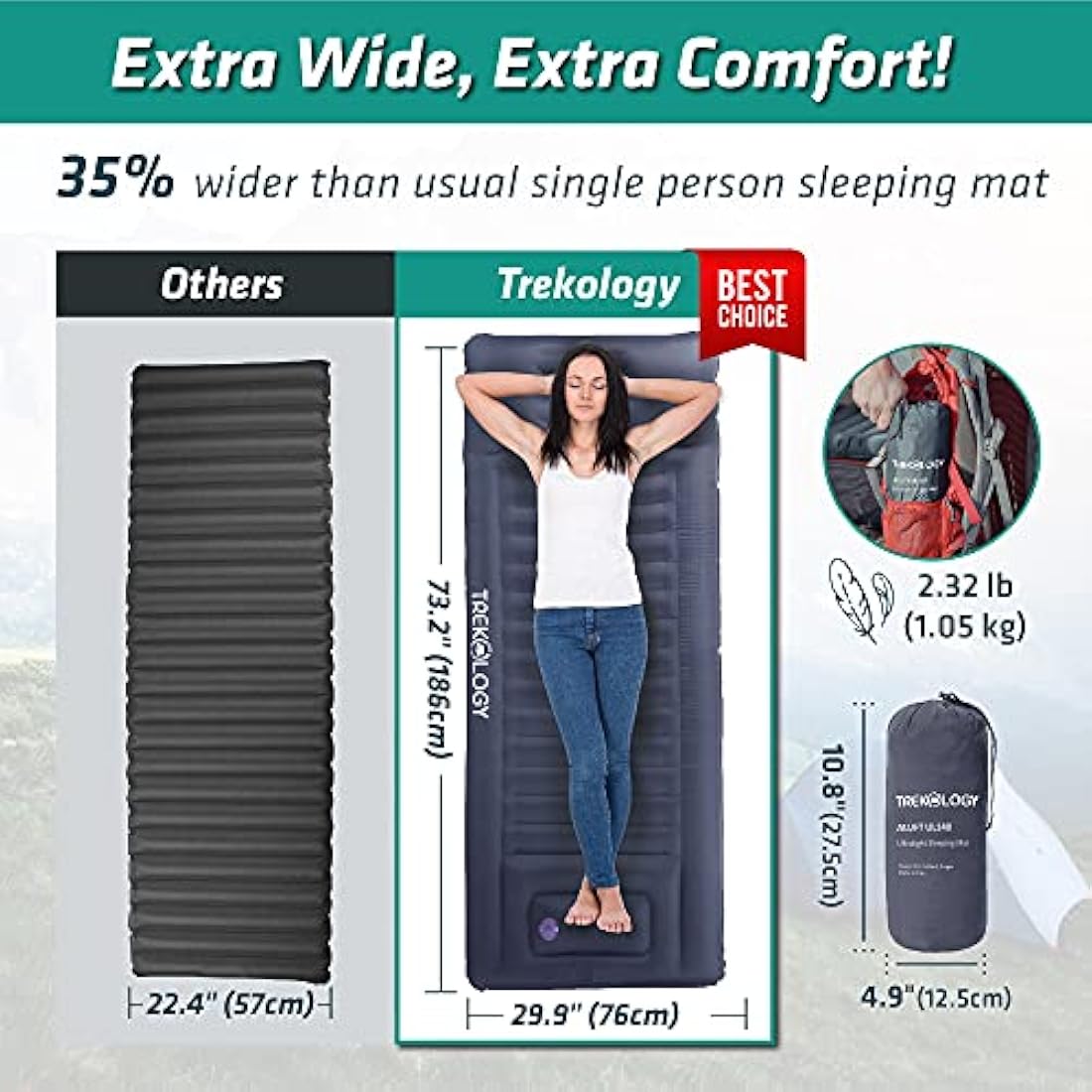 TREKOLOGY UL140 Inflatable Sleeping Pad with Built-in Foot Pump – Lightweight Camping Mat, Self-Inflating Sleeping Mattress for Hiking, Backpacking & Travel