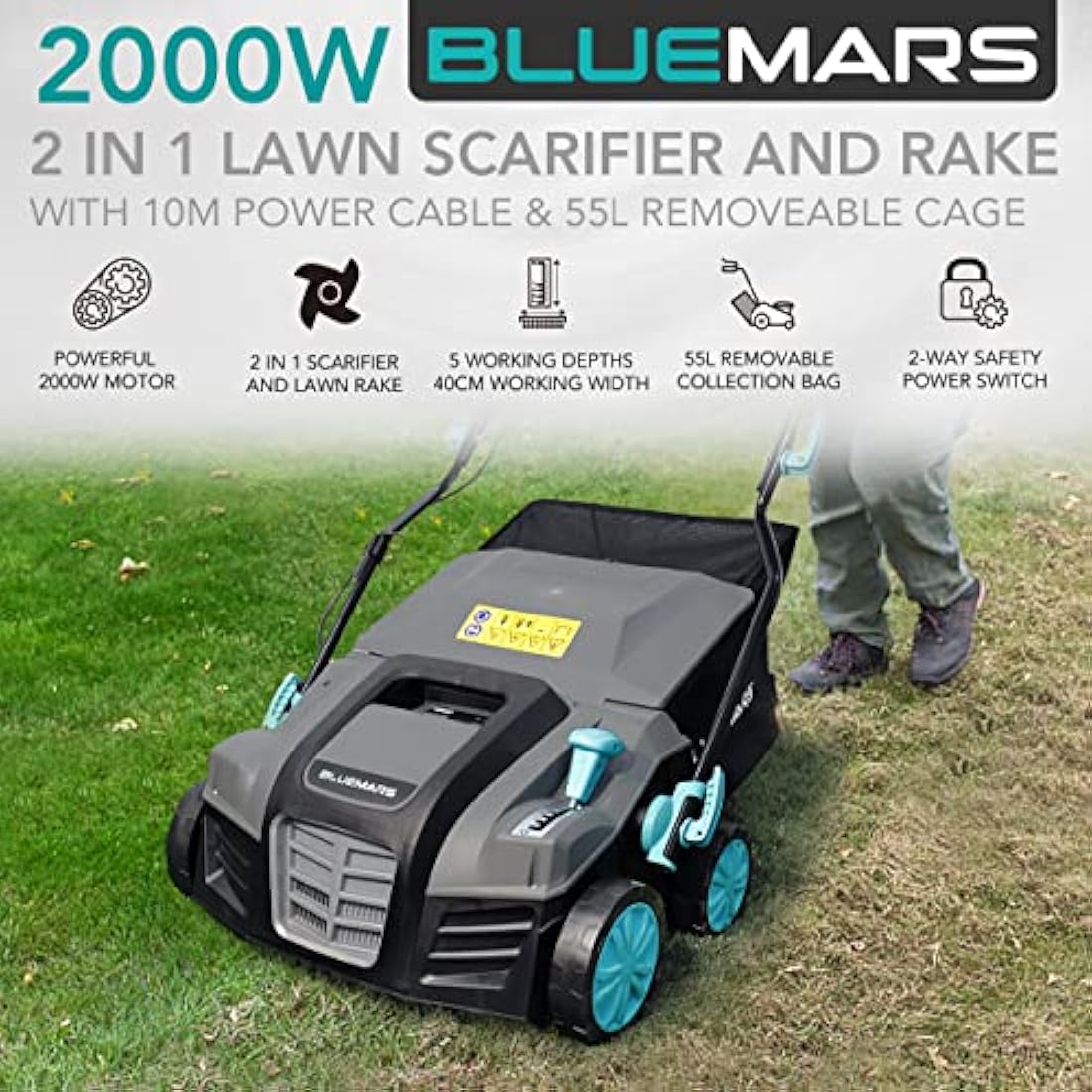 Bluemars 2000W Lawn Scarifier and Aerator, 40CM Working Width Electric Lawn Rake,5 Positions,55L Grass Box, Folding Handle,10M Power Cord