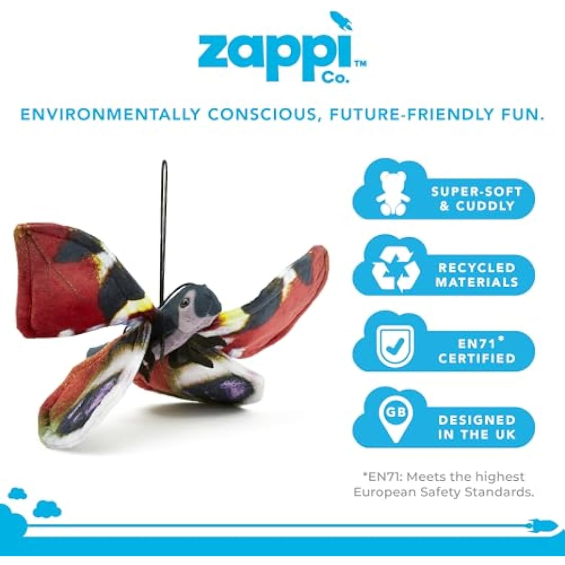 Zappi Co 100% Recycled Plush Peacock Butterfly Toy (28.5cm Width) Stuffed Soft Cuddly Eco Friendly animals Collection For New Born Child First kid