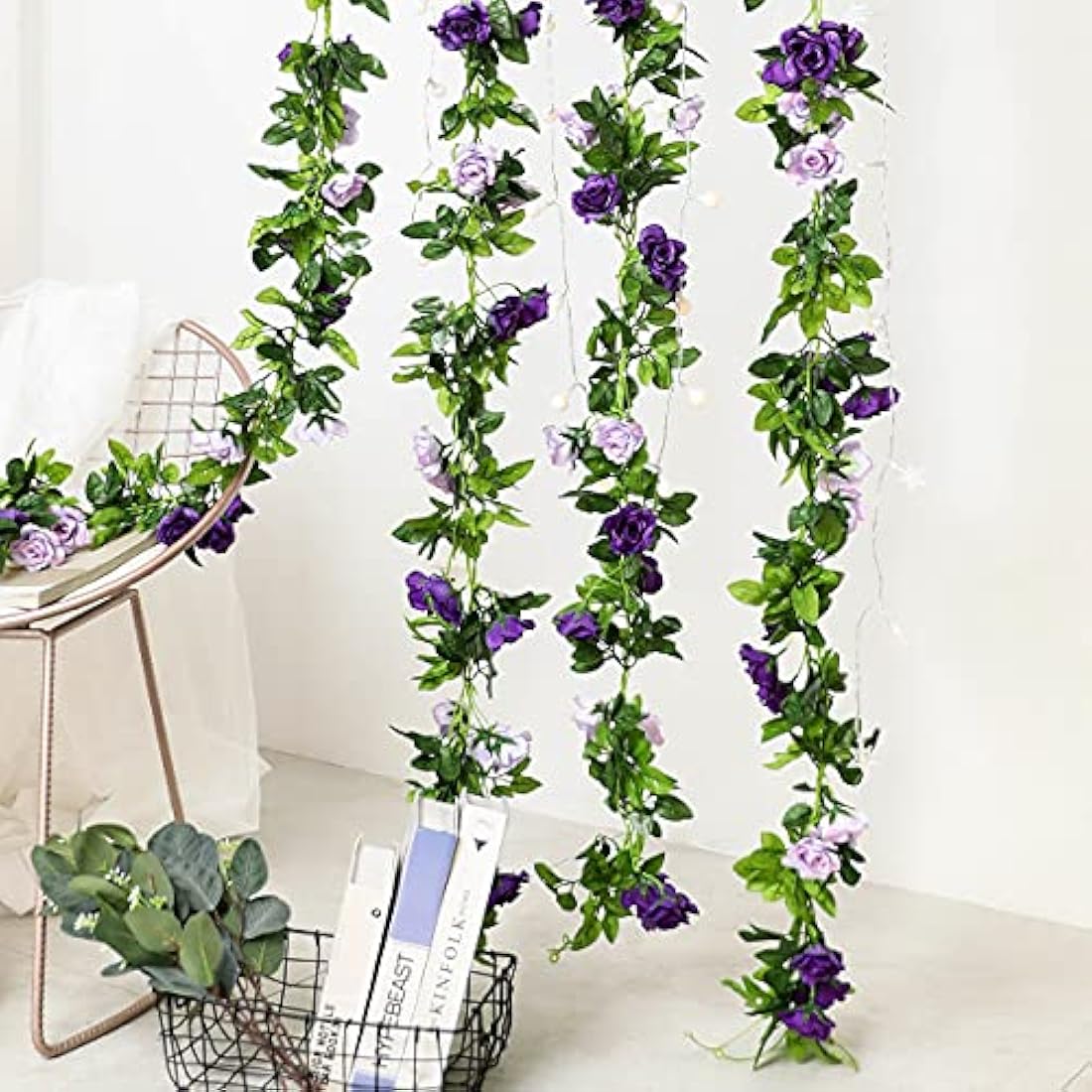 Veryhome 3PCS 7.9FT Artificial Purple Rose Flower Garland, Silk Hanging Floral Garland, Decorative Flower Vines for Room Decor Wedding Flowers Arches for Ceremony (Purple)