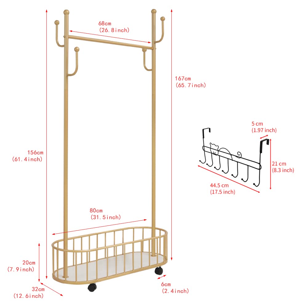 Cre Cra Golden Clothing Rack with Wheels Rolling Clothes Rack with Storage Basket Metal Moveable Coat Rack Stand Modern Garment Rack for Hanging
