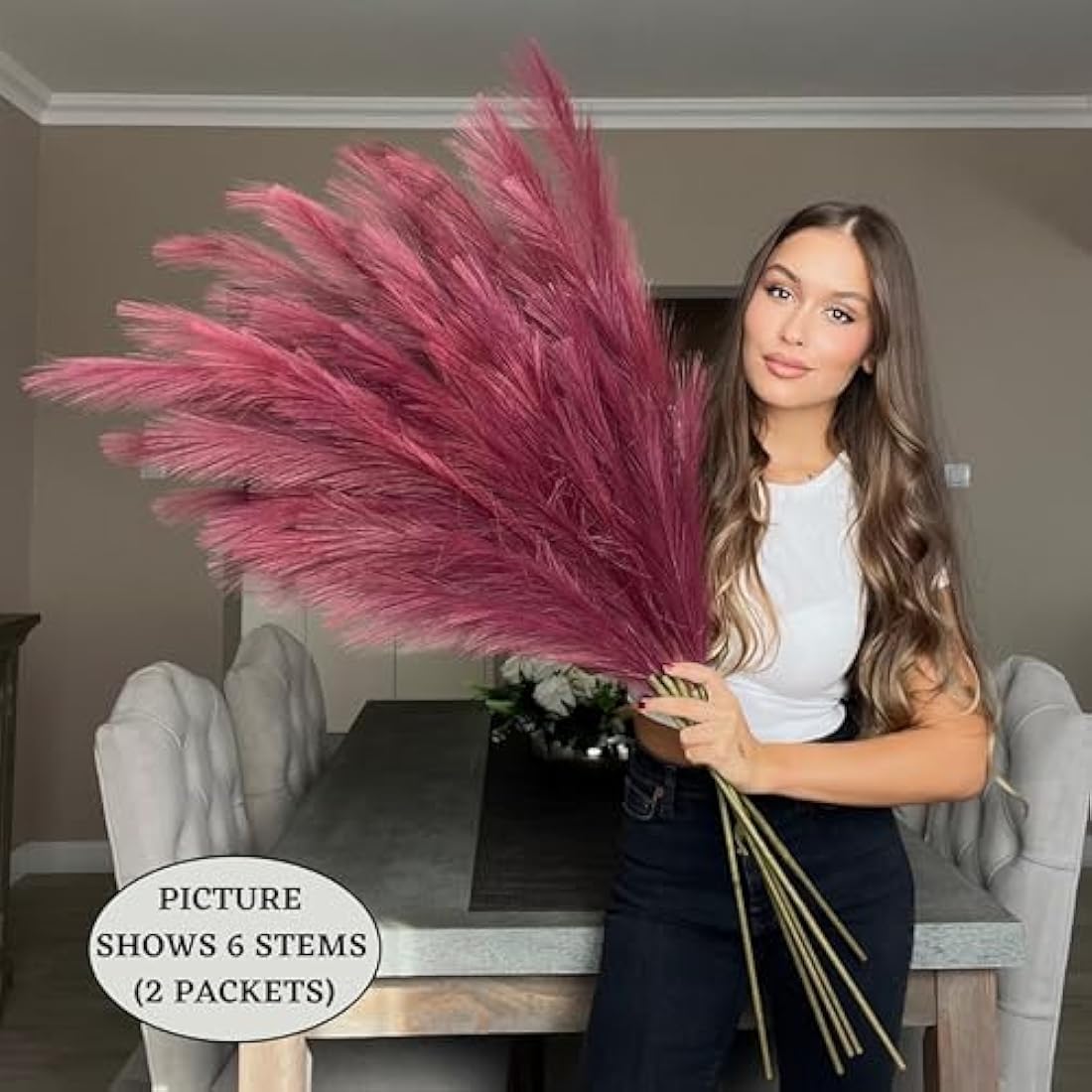 VOULUX Extra Large Tall Fuchsia Pink Fake Faux Artificial Pampas Grass Large Fluffy x3 115cm Stems x18 Decorative Artificial Flora Feathers For Floor Vases Tall Plant Flowers Long Pampas Grass