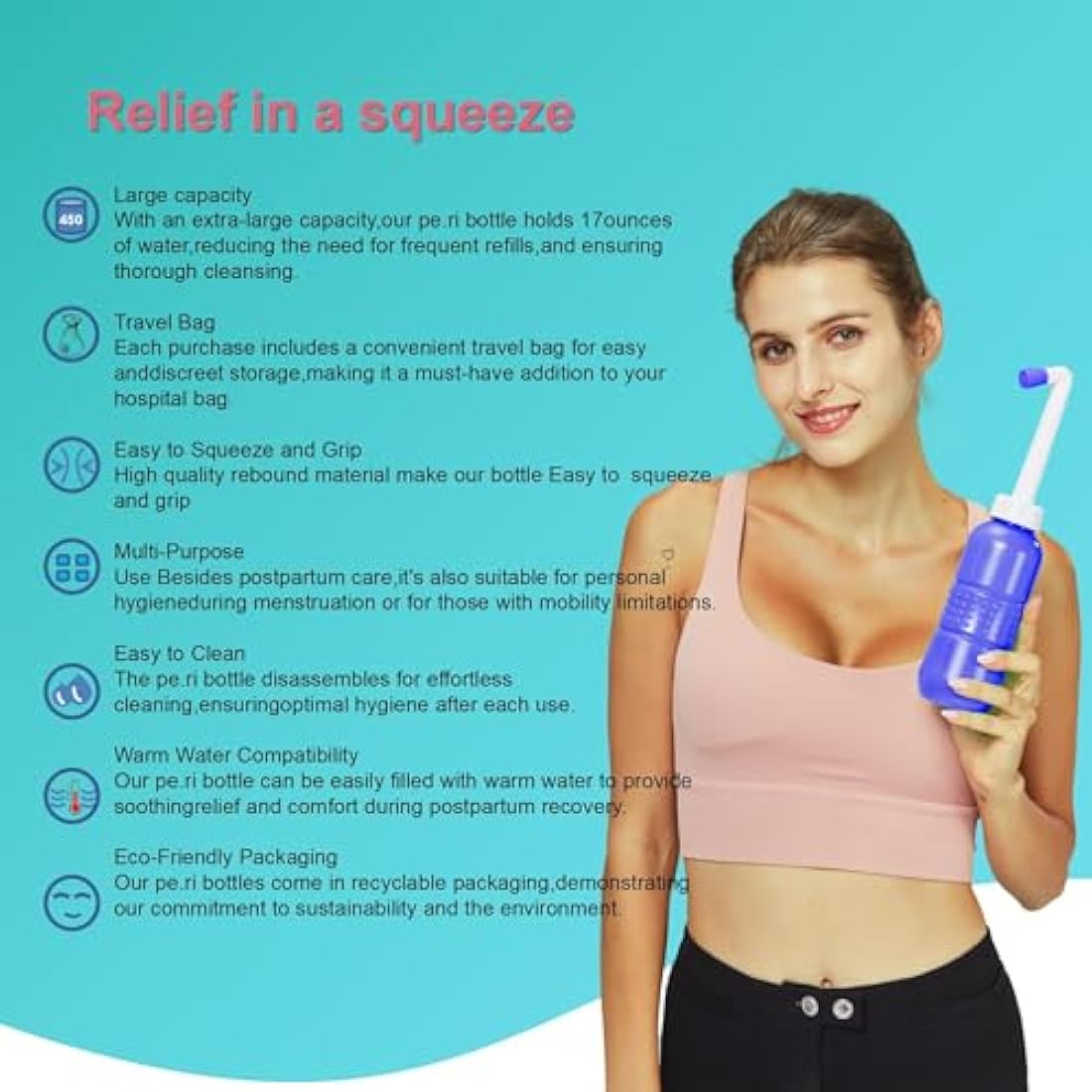 Pink Portable Bidet for Toilet 450ml Travel Bidet Bottle, Perineal Bottle for Postpartum Hemorrhoids Healing, Maternity Kit Essentials,Intimate Wash for Women with Water Seal Cap Storage Bag