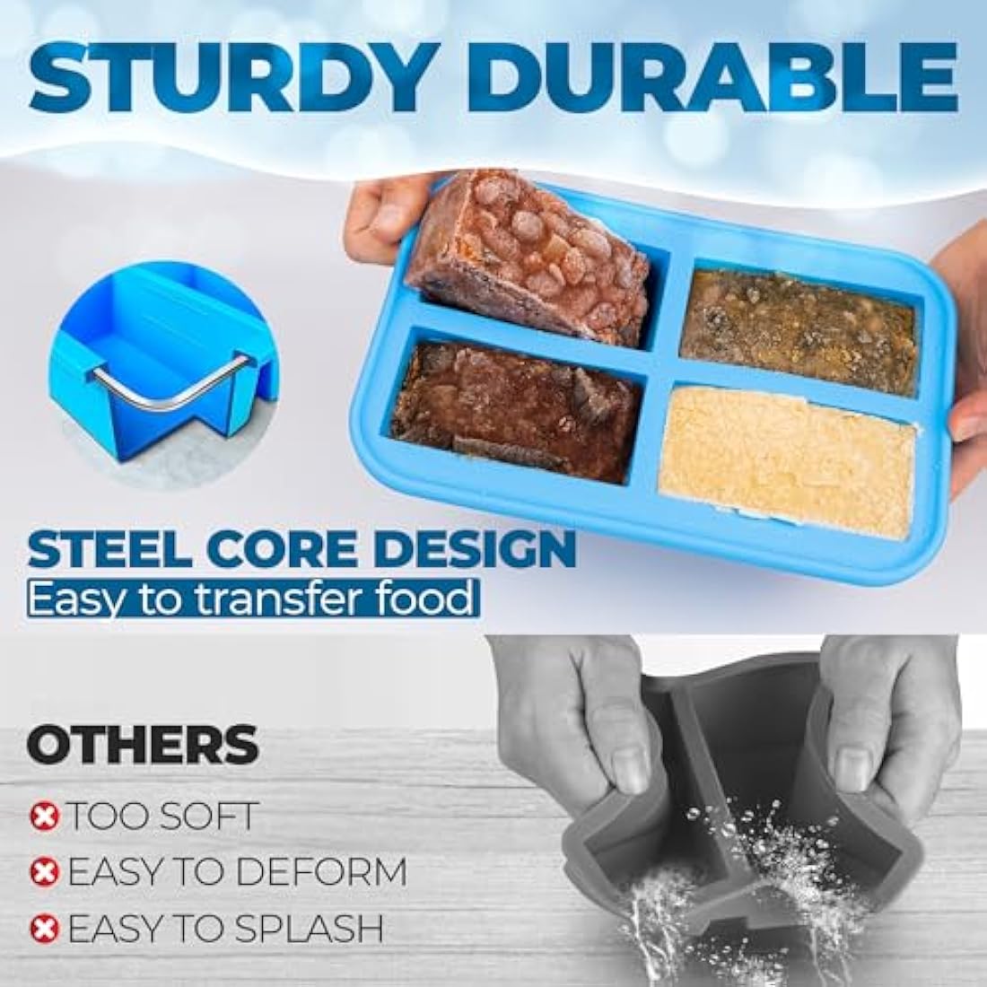 Ozwen 1-Cup Extra Large Silicone Soup Freezer Tray With Lid, Meal Prep with Soup Freezer Food Cubes Container, Baby Food Freezer and Storage Moulds for Sauce & Broth & Leftover (2-Pack, Blue)