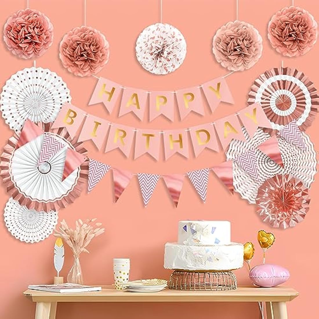 Rose Gold Reusable Birthday Decorations Kit Womens Birthday Party Decorations Rose Gold Banner Bunting Honeycomb Paper Lanterns Paper Fans