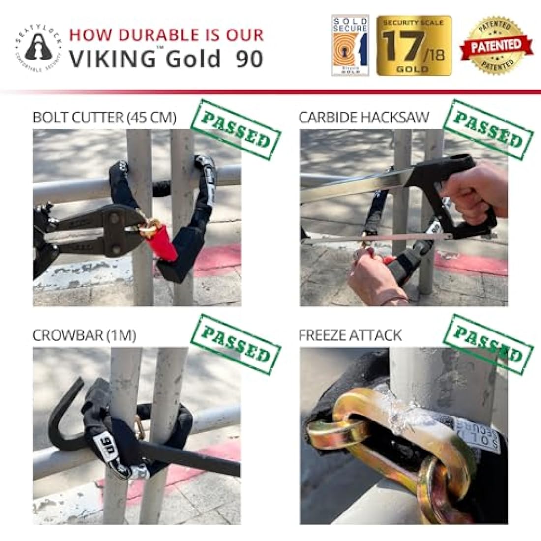 Seatylock Viking Bike Chain Lock with Key - Magnetic Patented Sold Secure Silver Rated - Heavy Duty Anti Theft - Smart Ultra Security Bicycle Lock (90 CM - 35.4")