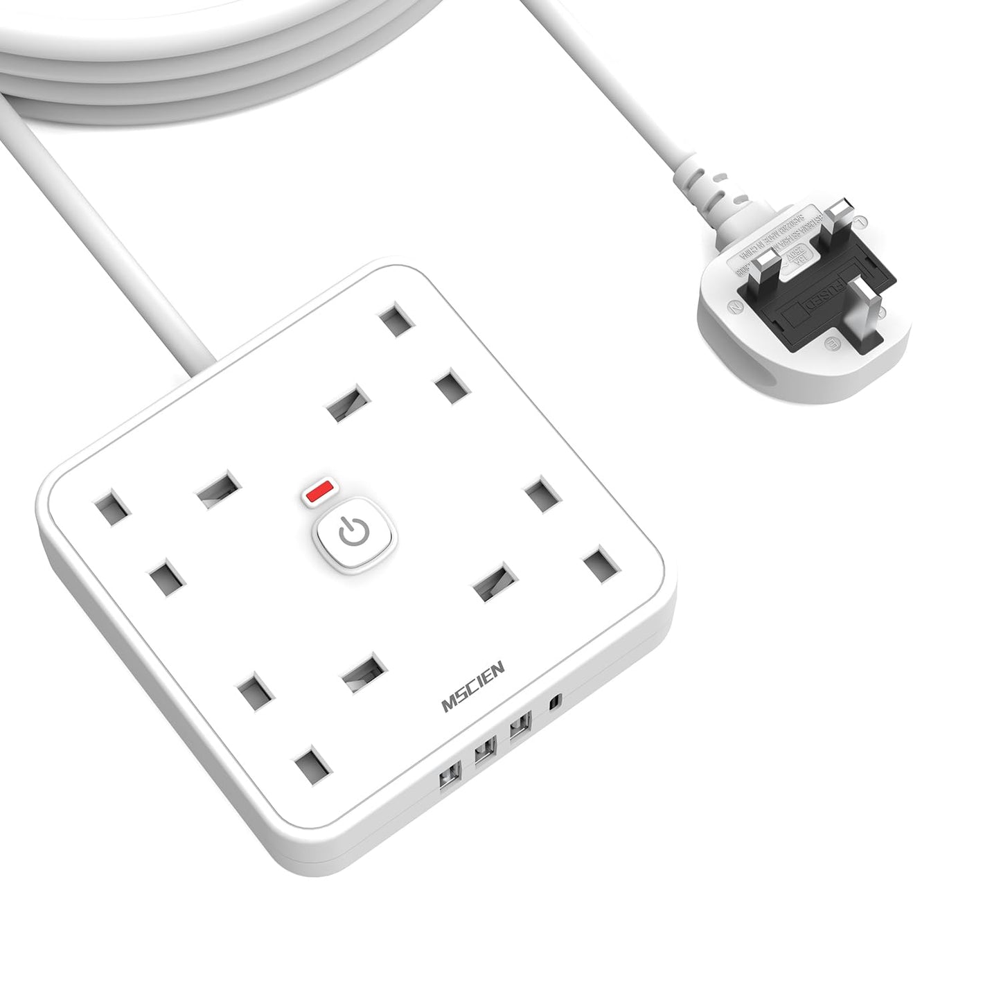 4M 4 Way Extension lead with USB Slots (3 USB-A, 1 USB-C), Mscien Extension Lead with Switches, White Wall Mountable Plug Extension Cord, Dorm, Home,