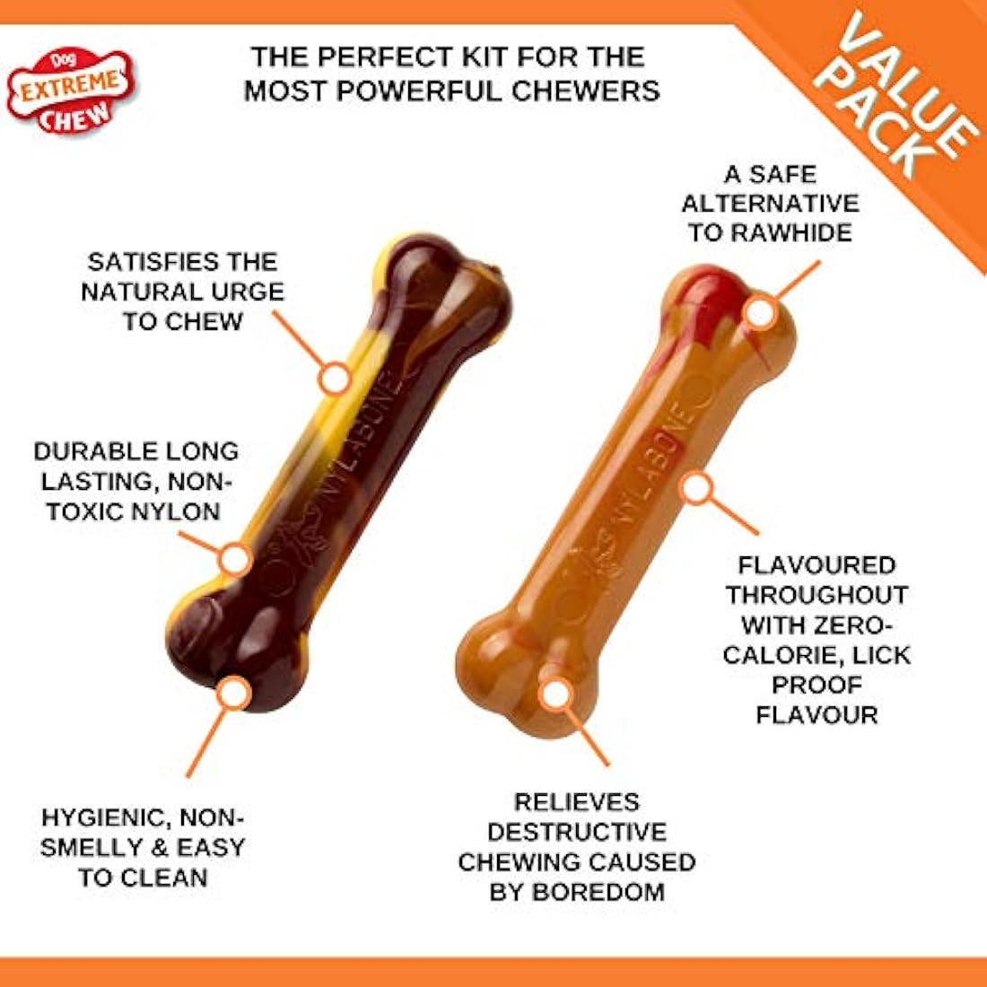 Nylabone Extreme Tough Dog Chew Toy Bones, Cheeseburger & Apple Flavour, 2-piece, Small, For Dogs Up To 11 kg