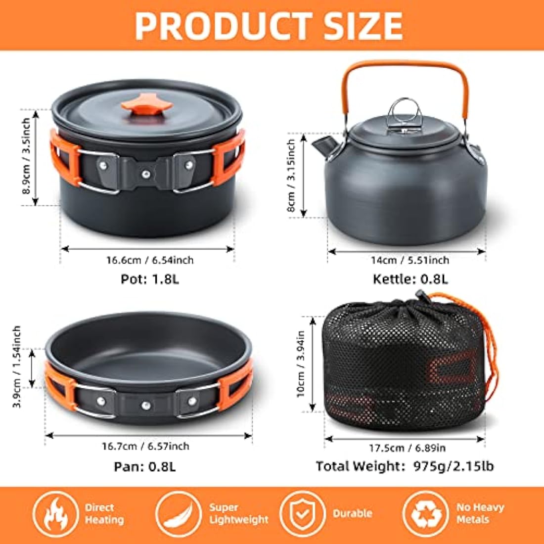 Lixada Camping Cookware Kit, 16pcs Camping Pot Camping Pan Camping Kettle with Stainless Steel Plates Forks Knives Spoons for Outdoor Cooking and Picnic for 1-2 People