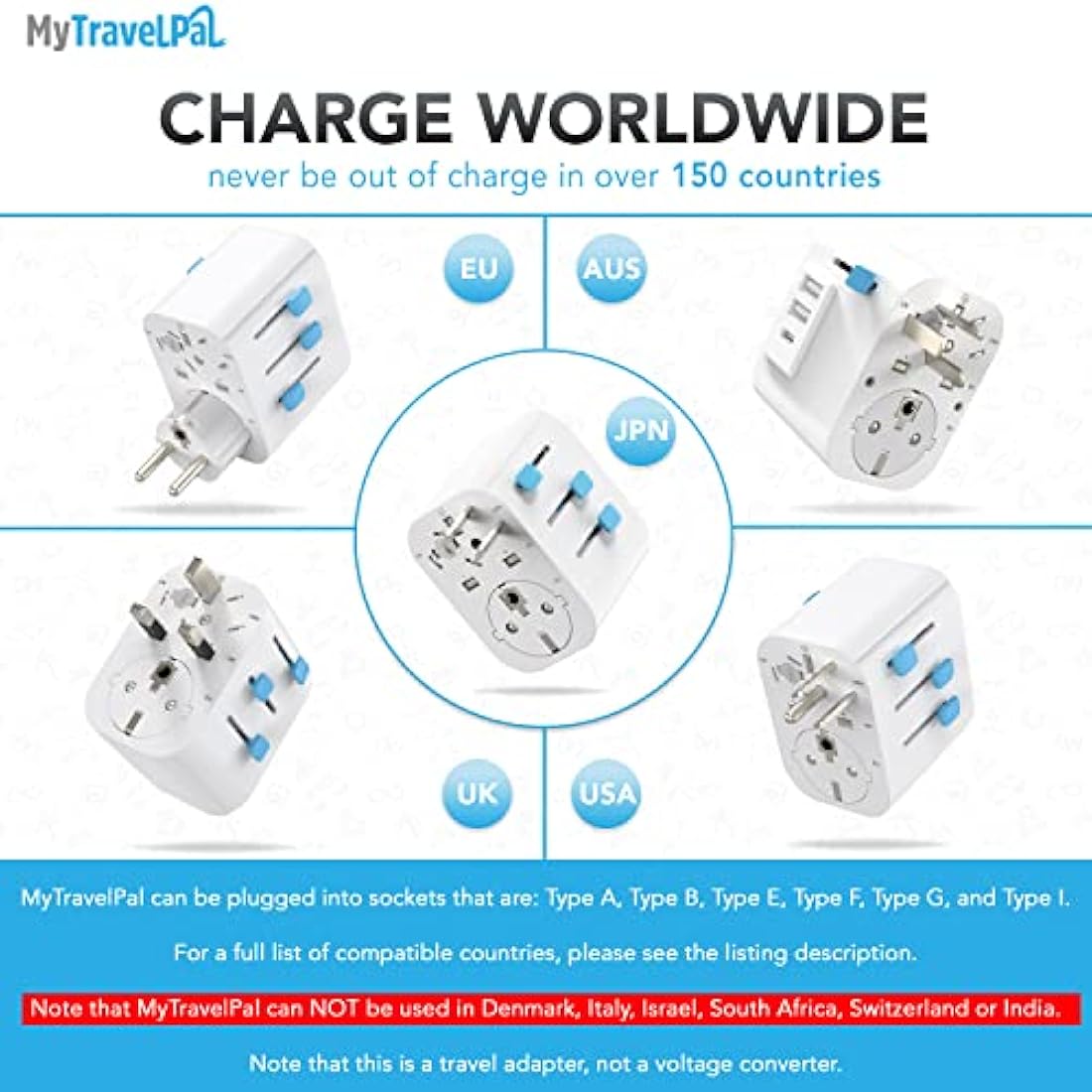 Worldwide Travel Adapter with USB-C | The Safest All In One Travel Adaptor | MyTravelPal® Pro Grounded Universal Travel Adapter Worldwide | Earthed International World Charger Travel Plug Adapter