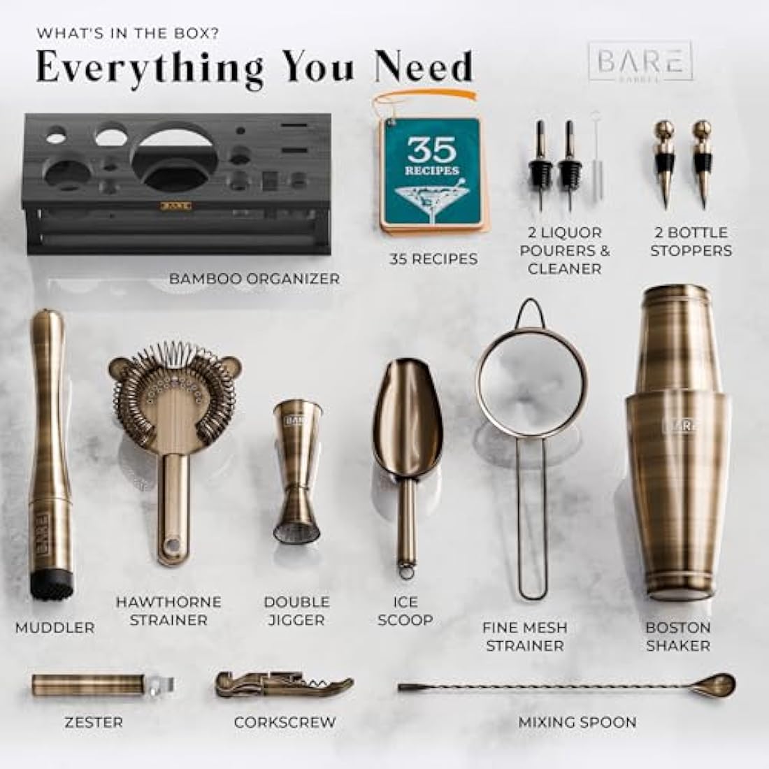BARE BARREL® Cocktail Making Kit | 16-Piece Bartender Kit Cocktail Shaker Set Maker | Bamboo Display Stand & 35 Recipe Cards | Mixology Cocktail Gift Set (800ml/28oz Boston Shaker, Brass/Black)