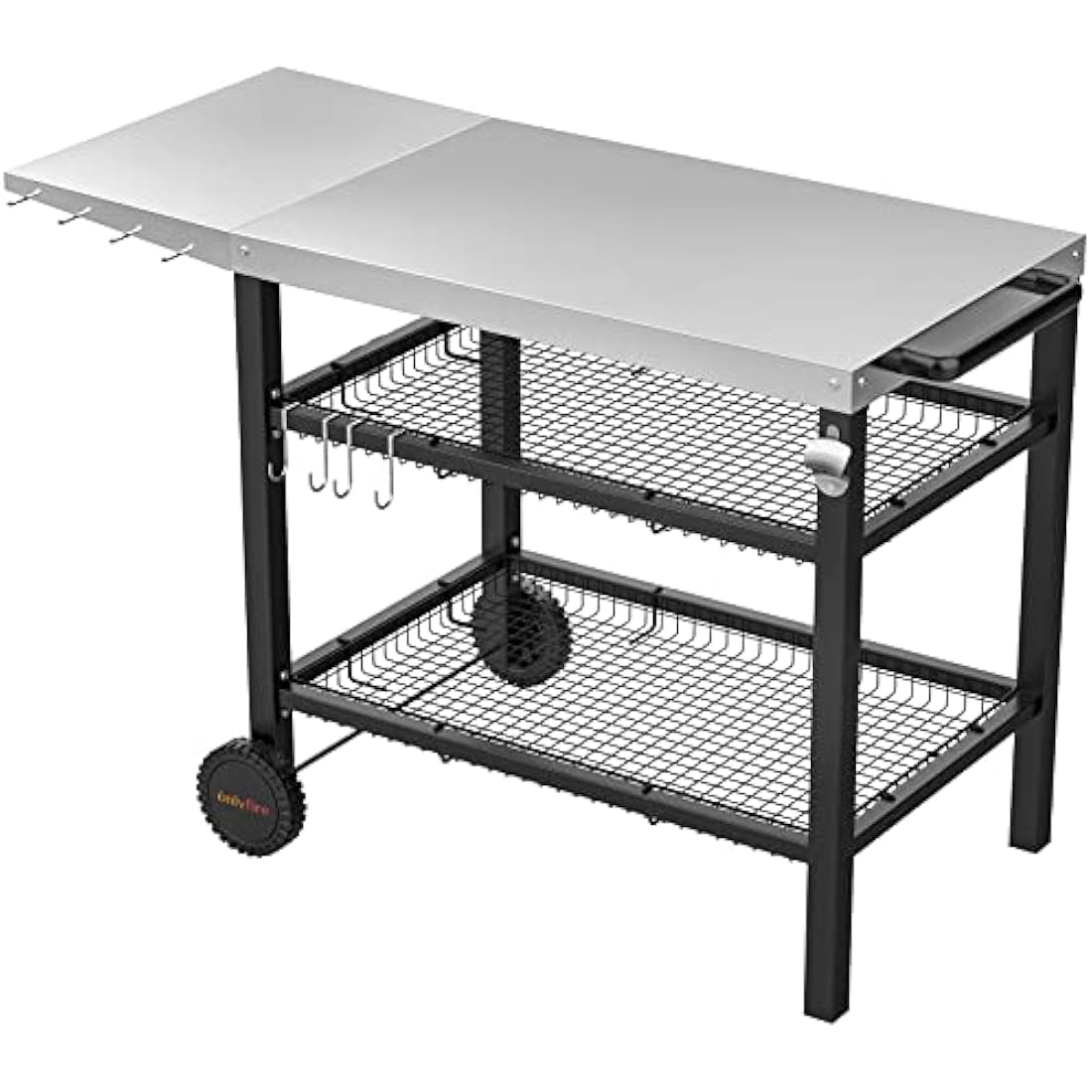 Onlyfire Heavy Duty BBQ Trolley Food Prep Table, Stainless Steel Flattop Worktable with Side table, Two-layer Steel Basket and Utensil Holder