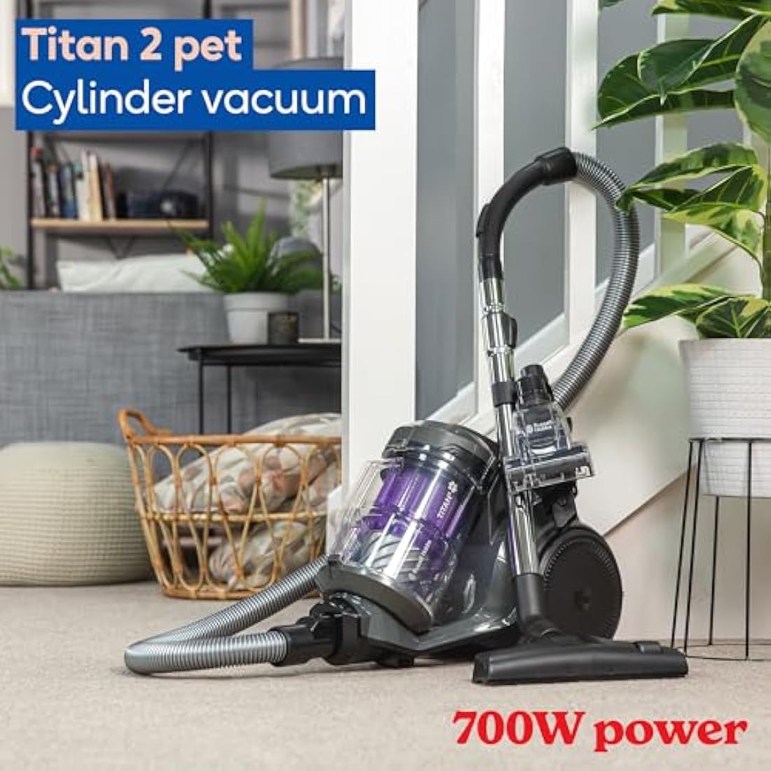 Russell Hobbs Multi Cyclonic Cylinder Vacuum Cleaner TITAN2 PET 3 Litre Grey & Purple with 3 in 1 Multi-Tool, Triple Dust Lock 700W High Efficiency Motor, PET Turbo Tool, 2 Year Guarantee RHCV4601