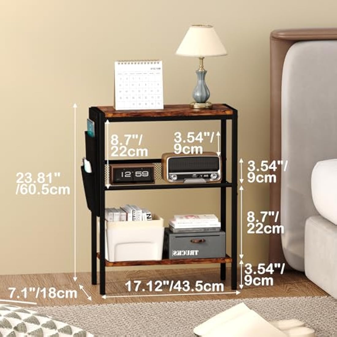 Yusong Small Narrow Side Table for Small Spaces, Slim End Table with Storage Bag, Sofa Snack Table with Adjustable Metal Mesh, 3 Tier Accent Skinny Beside Table for Living Room & Bedroom, Rustic Brown