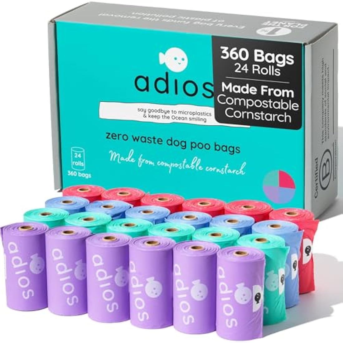 Adios - Compostable Dog Poop Bags, 360 Count (24 Rolls) - Rainbow Colours - Extra Thick, Leakproof, Odour Proof Dog Waste Bags - Made from Compostable Cornstarch - Easy Tear Rolls, Packaging May Vary