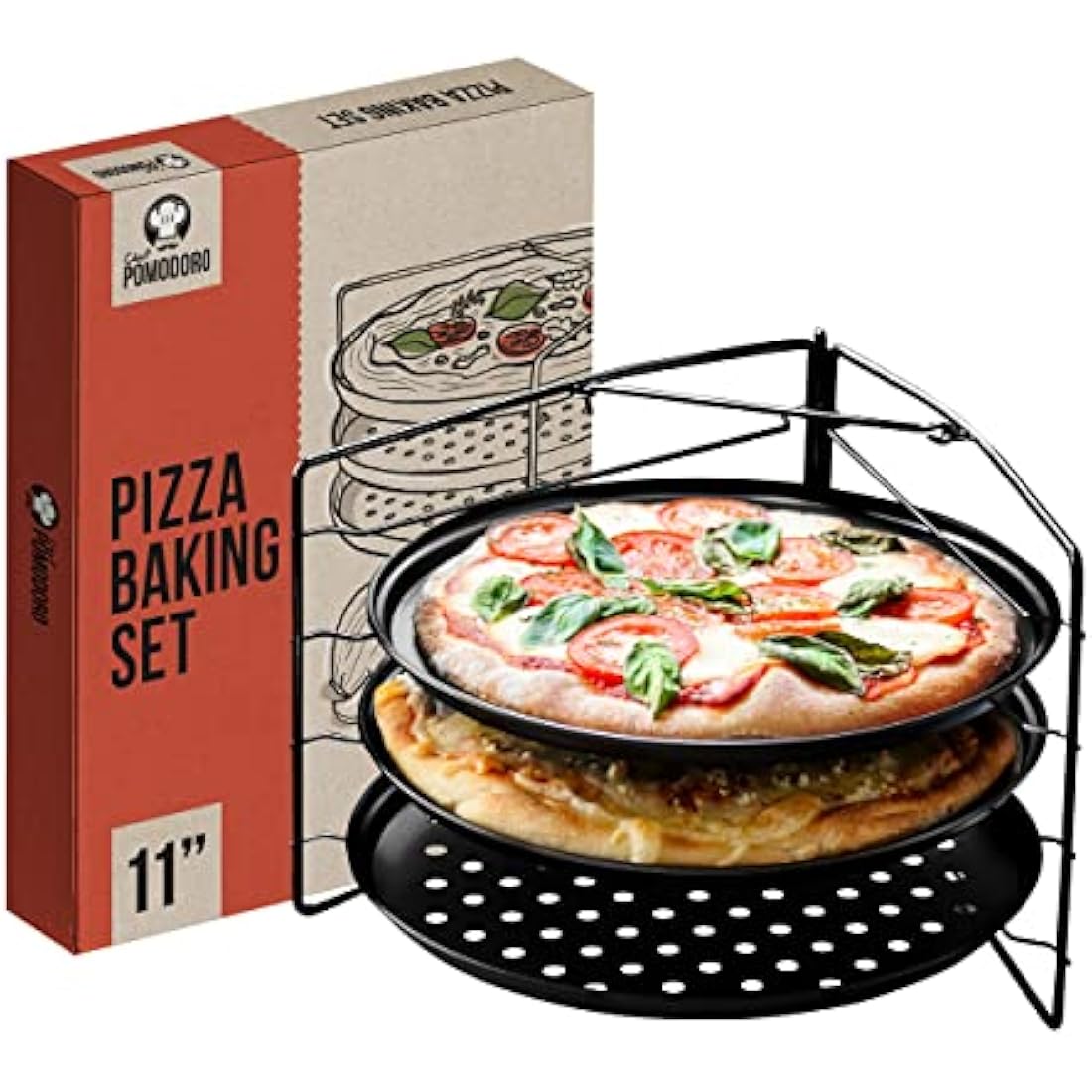 Chef Pomodoro Pizza Baking Set with 3 Pizza Pans and Pizza Rack, (28cm Pans), Non-Stick Perforated Pizza Trays for Oven, Pan with Holes, Pizza Pan for Oven, Barbeque, Bakeware Supplies