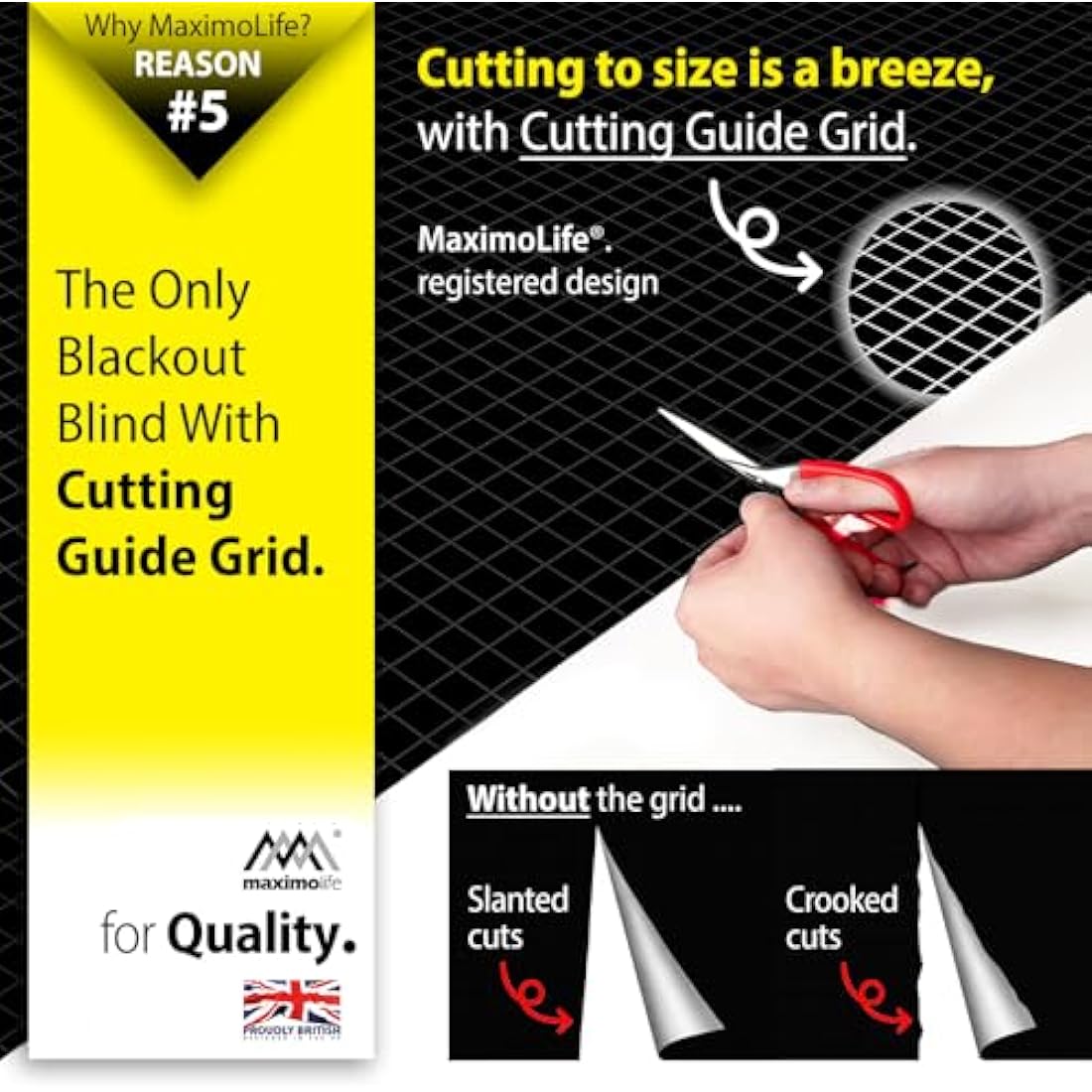 MaximoLife® Ultimate 100% Blackout Blind | Fits Any Size/Shape Window | Unique Cutting Guide Easier Cut-to-Size | Super Strong Suction Cups | Heat & Cold Resistant Hook & Loop | No Drill Stick On