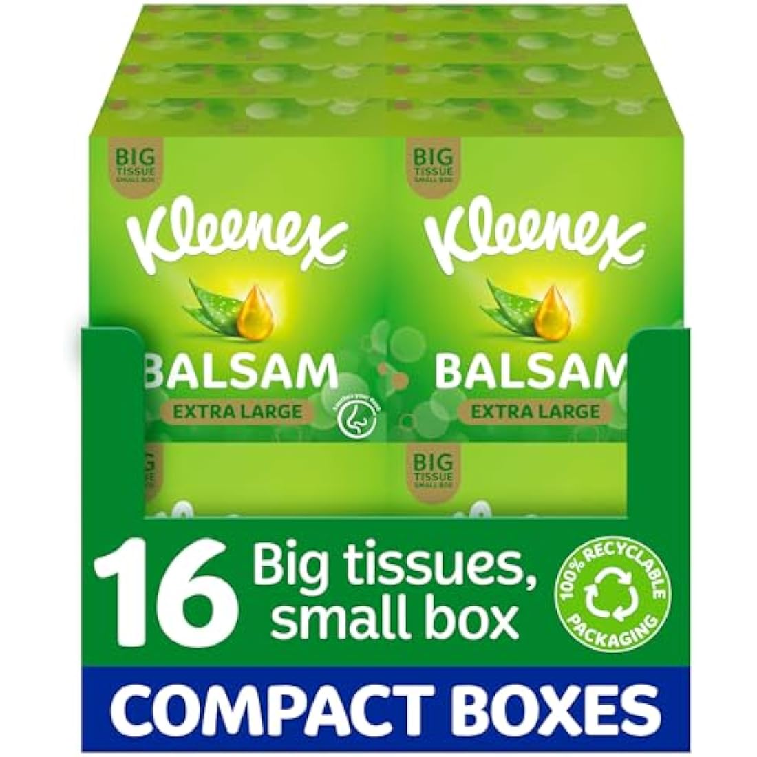 Kleenex® Balsam Extra Large Tissues in 16 Compact Boxes - Protect and Soothe Your Nose When You've Got a Cold - BalmCare with Aloe Vera, Vitamin E and Calendula, 640 Tissues (16 Boxes)