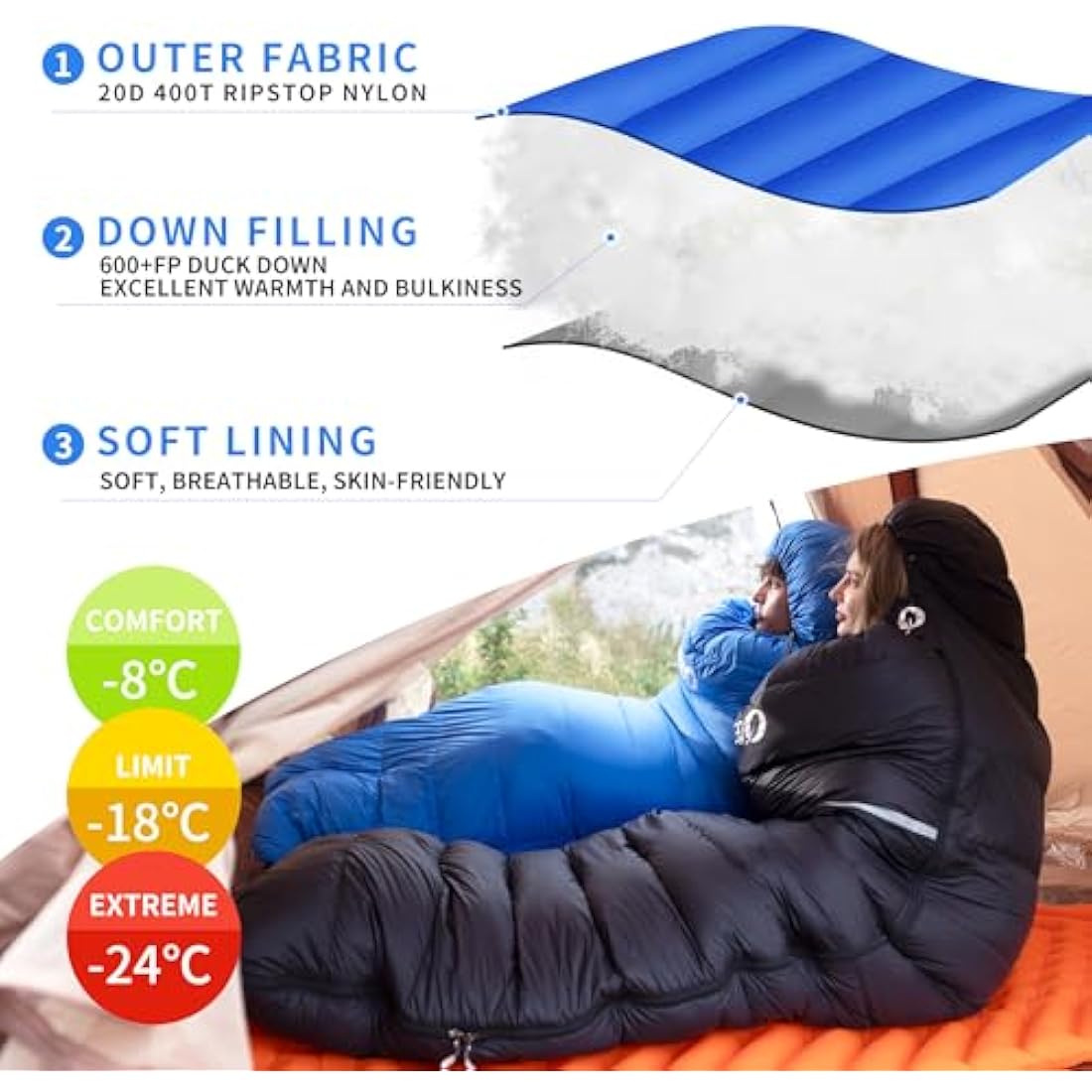 QEZER Down Sleeping Bag,Lightweight Rectangular Winter Sleeping Bag [1180g/1860g] for Adults and Kids 4 Season Camping, Hiking,Warehouse and Moutaineering Outdoor