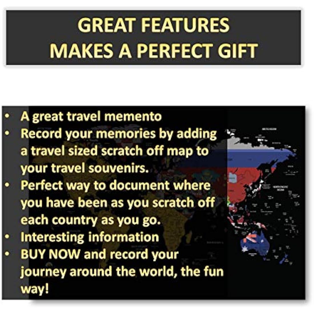 Scratch Off Map with Flags background – Deluxe Travel Size World Map Poster – Countries and Facts – Travel Gift - GLOBAL WALKABOUT (Black)