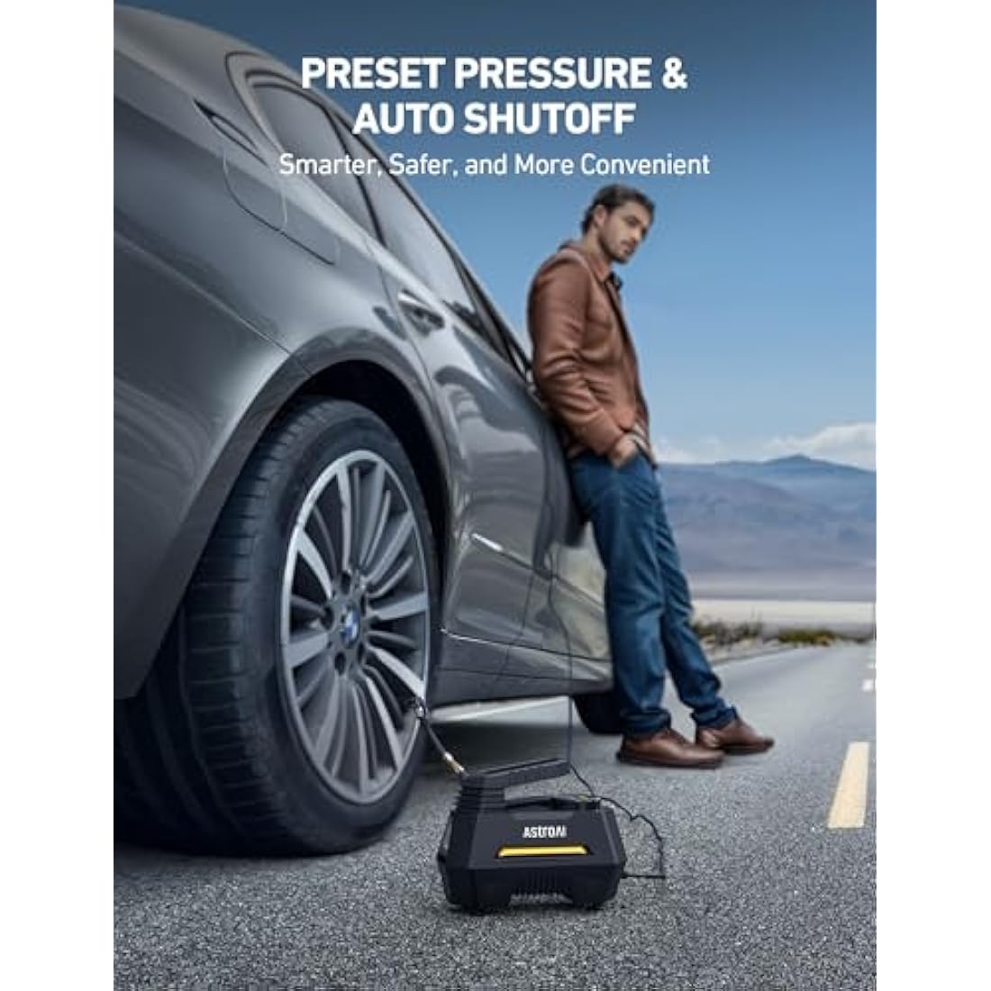 AstroAI Tyre Inflator Air Compressor 12V DC, 35LPM 100W Powerful Portable Car Tyre Pump Auto-Stop with Digital Pressure Gauge, 4 Valve Adaptors and LED Light, Car Accessories