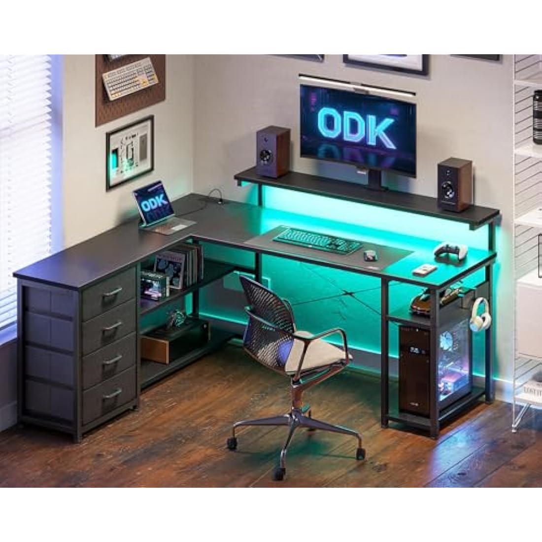 ODK Corner Desk with Drawers, L Shaped Gaming Desk with LED Lights & Power Outlets, Reversible Computer Desk for Home Office Workstation, Office Desks with Monitor Shelf, 135×110 cm, Black