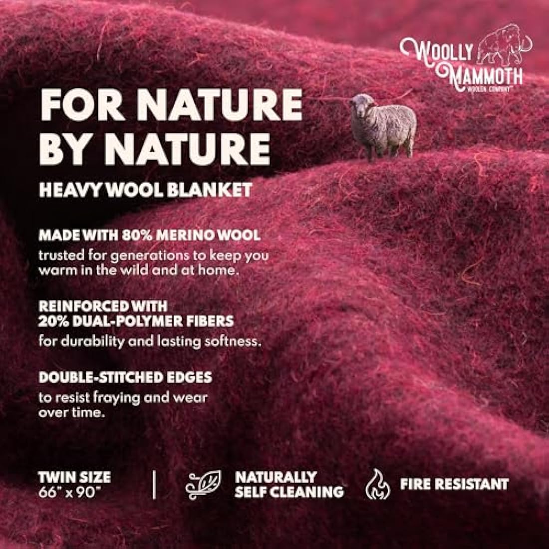 Woolly Mammoth Merino Wool Blanket - Large 66" x 90", 4LBS Camp Blanket | Throw for The Cabin, Cold Weather, Emergency, Dog Camping Gear, Hiking, Survival, Army, Outside, Outdoors – Burgundy