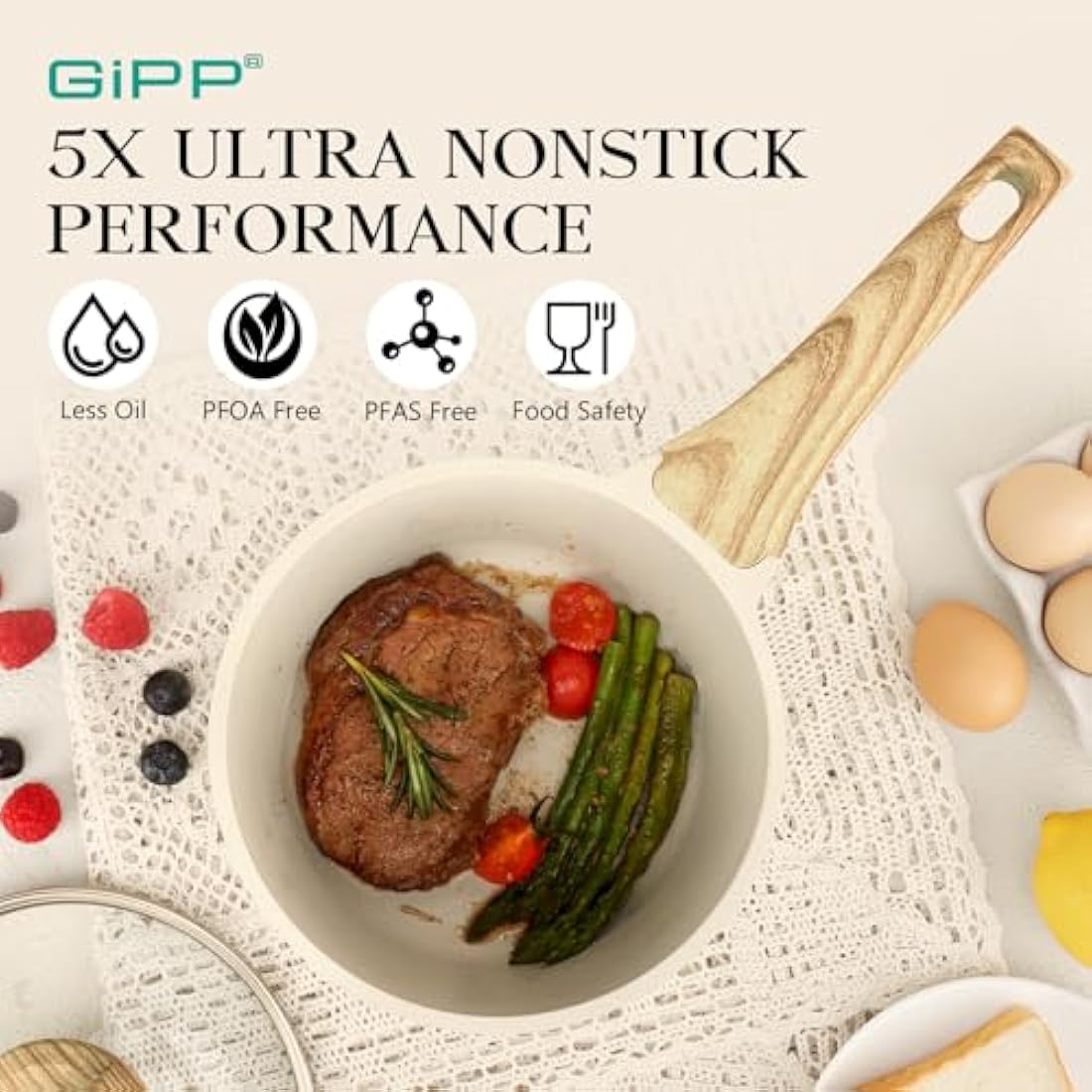 GiPP Nonstick Sauce Pan with Lid - 3.6L Small Sauce Pot Non Stick Cooking Pot with Stay-Cool Handle, Kitchen Pots Granite Saucepan Induction Compatible, PFOA Free(White, 20cm)
