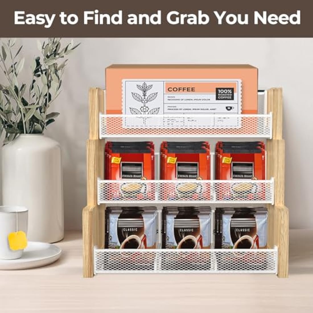 THYGIFTREE Tea Bag Organizer, 3 Tier Tea Box Storage, Solid Wood Tea Bag Holder for Kitchen, Office, Countertop,Sugar Packets, Creamers Holder