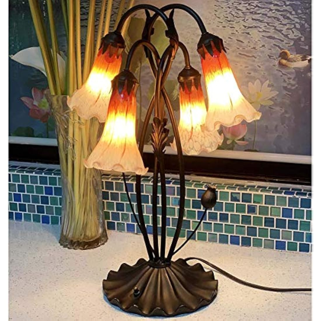 Bieye L30699 Lily Flower Blown Glass Accent Table Lamp for Living Room Bedroom Decoration (4-Light, Orange)