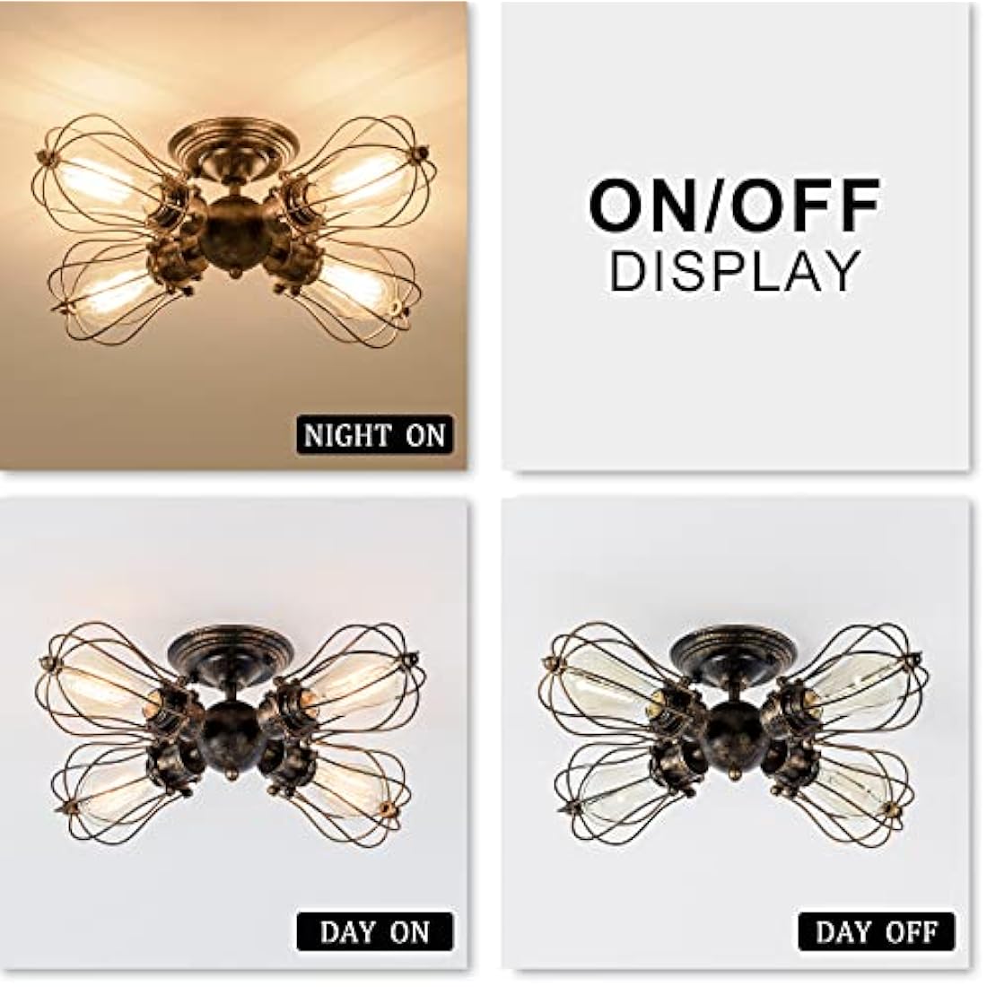 LULING Vintage Ceiling Light Industrial, Chandeliers E27 Socket Metal Wire Cage Lamp Semi-Flush Mount Rustic Ceiling Light Metal Lamp Fixtures (No Bulb) (with 4 Light) (Bronze)