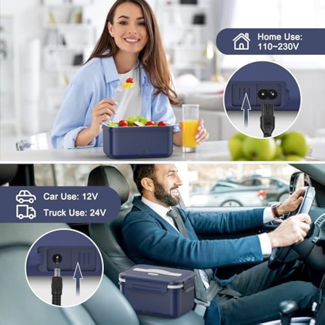 Vabaso 100W Electric Lunch Box for Adults with Insulated Lunch Bag, Spoon and Fork, Heated Lunch Box with Fruit Compartments, 1.8L Large Capacity, Thermal Lunchbox for Car, Truck, Office Dark Blue