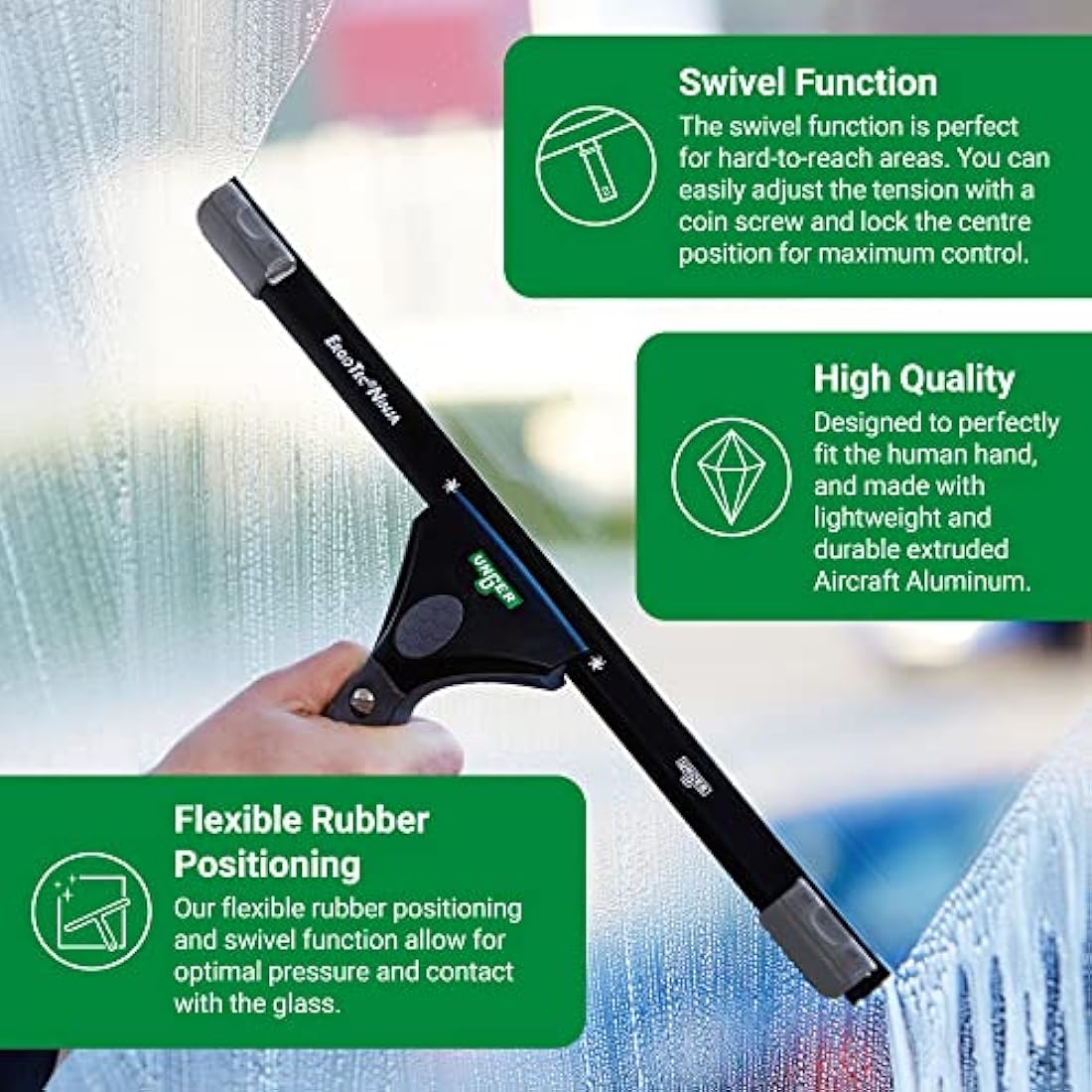 Unger ErgoTec NINJA Window Squeegee 45cm – 40° Aluminium Channel, Soft Rubber Blade & Ergonomic Handle – Professional Window Cleaning Equipment, Black