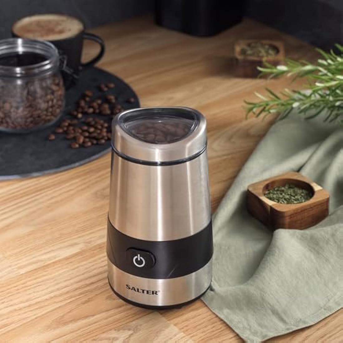 Salter EK2311 Electric Coffee Grinder – Bean, Nut & Spice Grinder, Stainless Steel Blade, 60g Herb Grinding Mill, One Touch Operation, Fast Grinding Machine, Powerful & Compact Transparent Lid, 200W