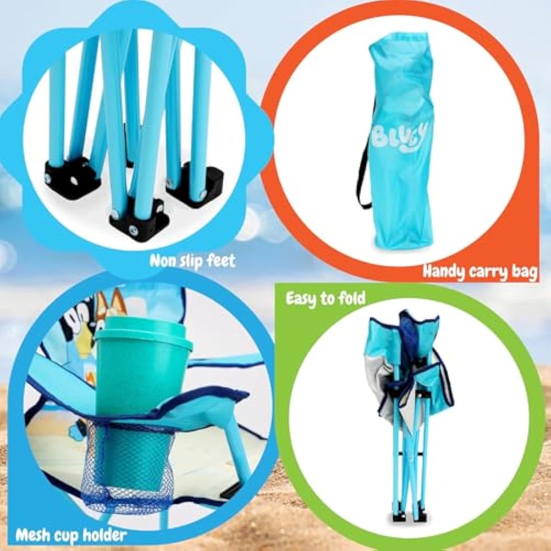 Toyland® Bluey & Bingo Folding Children's Camping Chair With Cup Holder & Storage Bag - Perfect for Camping Trips, Beach & Garden