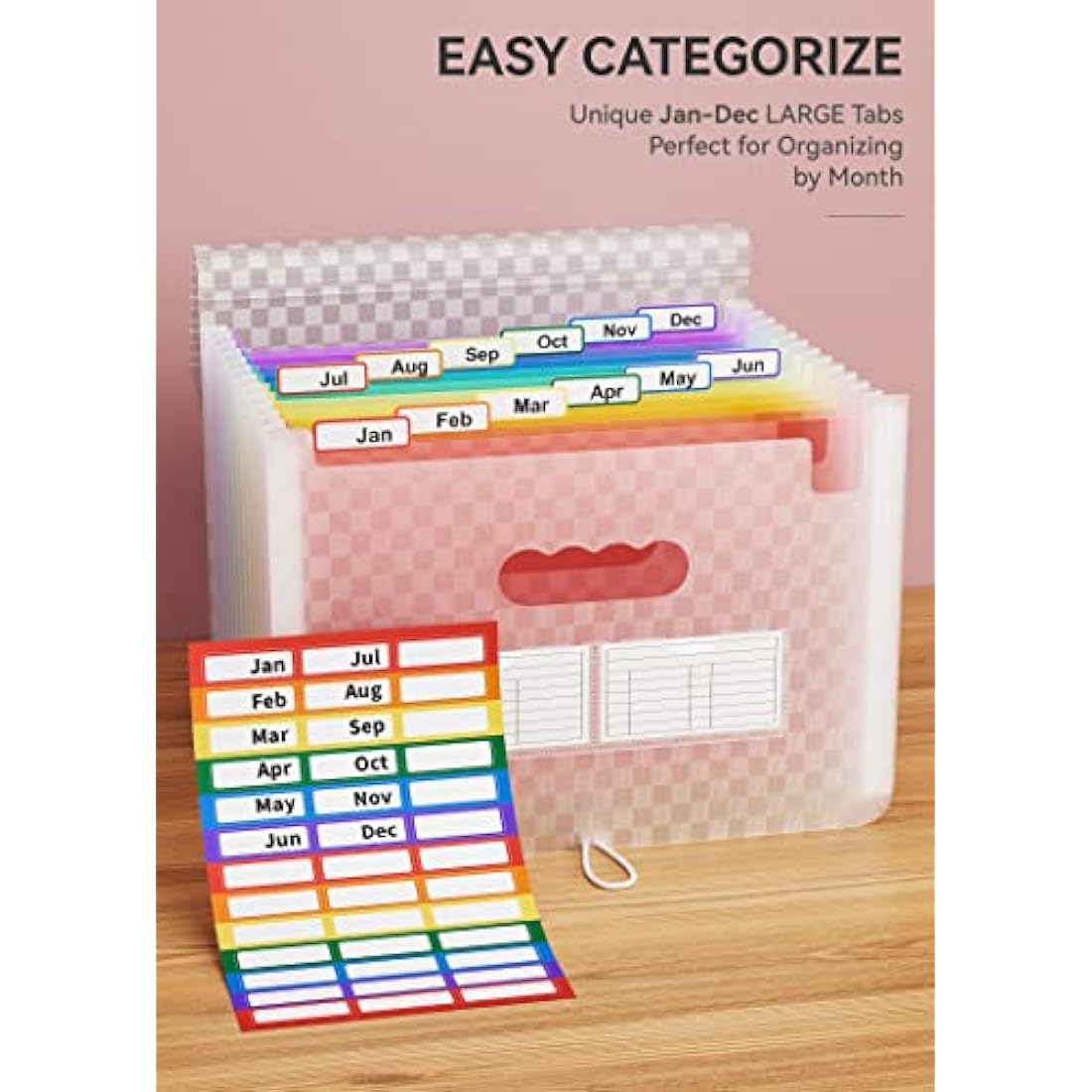ABC life A4 Expanding File Organiser with Grid Pattern,13 Pockets Expandable Filling Boxes Documents Organiser,Accordion A4 Desk Folders,Portable Rainbow Files Wallets Plastic Bills Storage Bag(Pink)