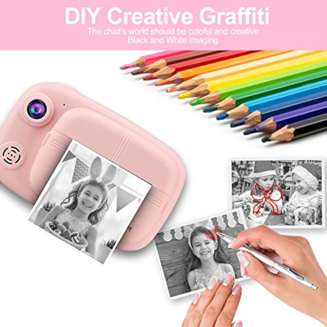 GlobalCrown Instant Camera for Kids,Camera Instant Print 3.5 Inch Screen Video Child Digital Print Photo Gifts for Boys Girls (Included 4 Rolls of Printing Paper and 32GB Card)