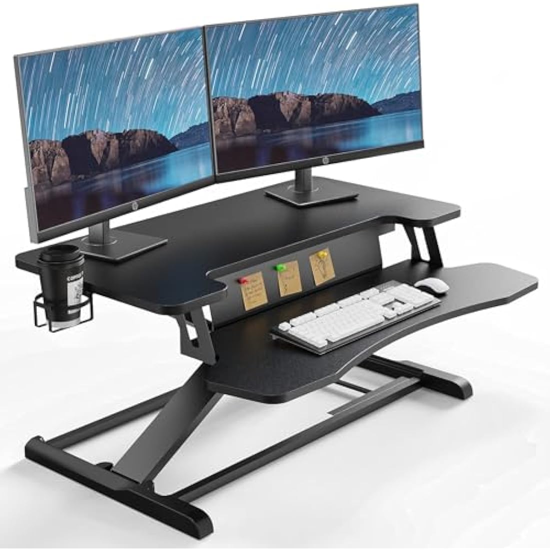 PUTORSEN Standing Desk Converter, 37'' Dual Tiered Sit-Stand Desk Riser with Keyboard Tray, Height Adjustable Computer Workstation with Cup Holder and Note Board up to 15kg, Black