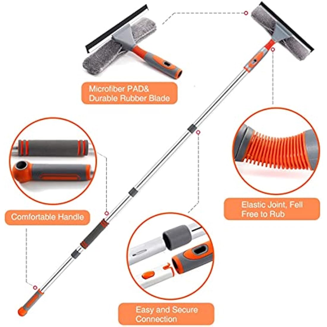 Baban Squeegee Window Cleaner 2 in 1 Window Cleaning Tool with Elbow and Straight Extension Pole, 61'' Telescopic Window Washing Equipment with Bendable Head for Car Indoor Outdoor High Windows (2 Pad