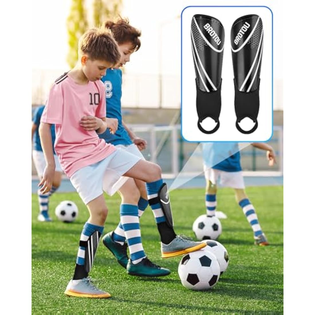 Youth Football Shin Guards, BROTOU High Strength Junior Shin Pads with Calf & Ankle Protection, Lightweight Design, Breathable, Non Slip Extended Adjustable Straps, for Boys and Girls