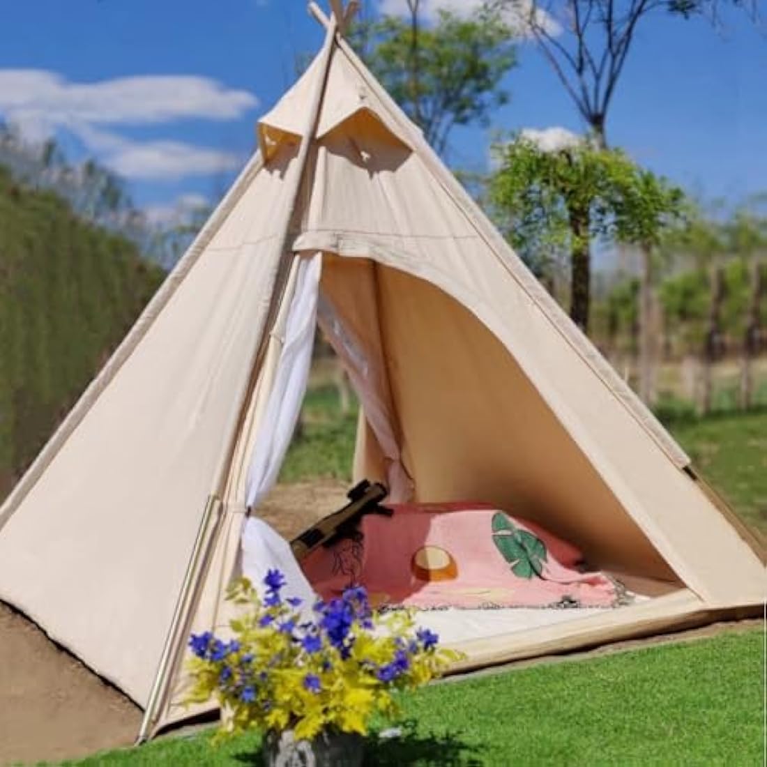 Outdoor 2M Canvas Camping Pyramid Tipi Tent Adult Indian Teepee Tent for 2~3 Person