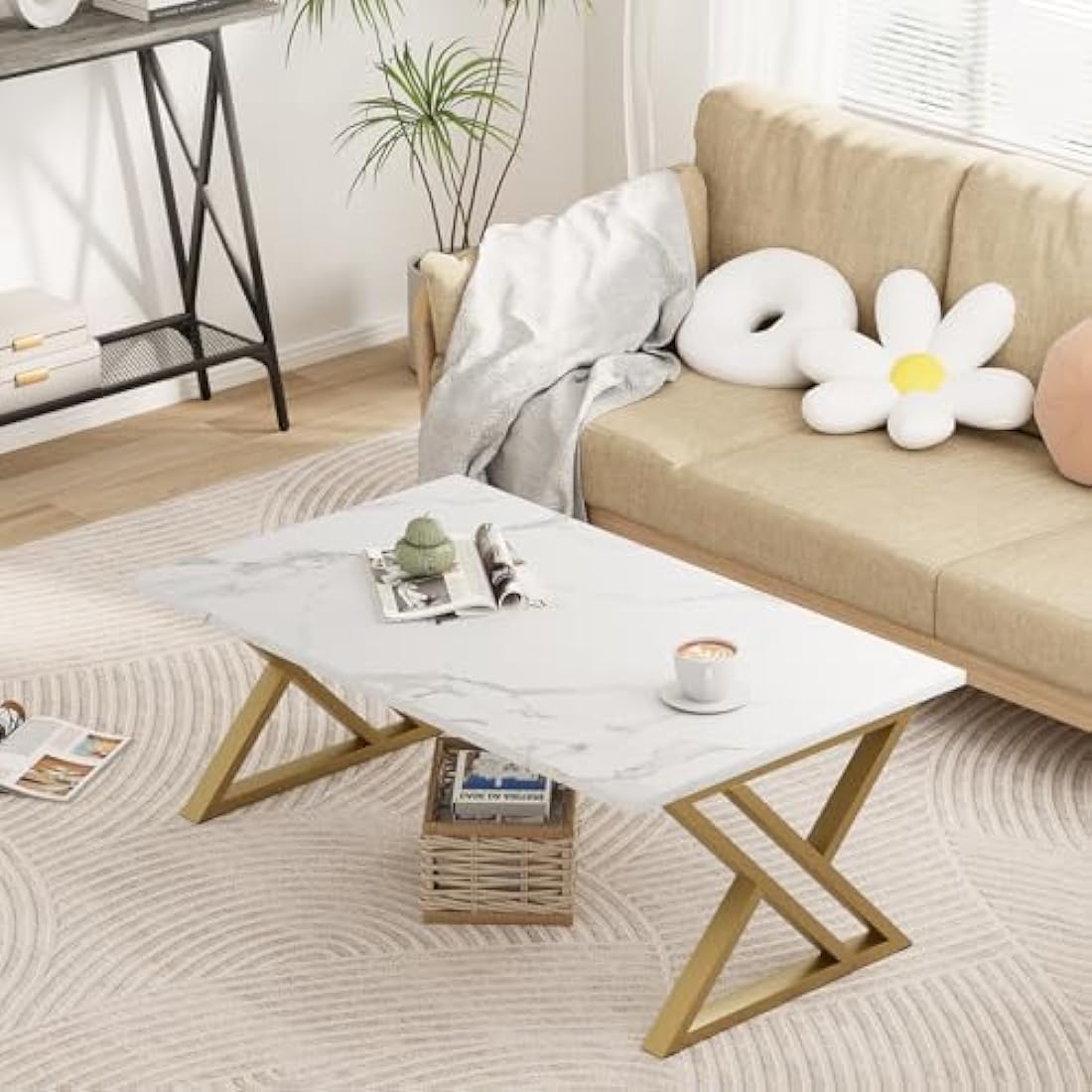 Coffee Table, Living Room Table, Center Tea Tables, Rectangular Tea Tables, End Side Desk with Gold Metal Frame for Living Room Bedroom Office, Modern Open Design, 39.3 x 18.9 x 17.7 IN, White/Gold