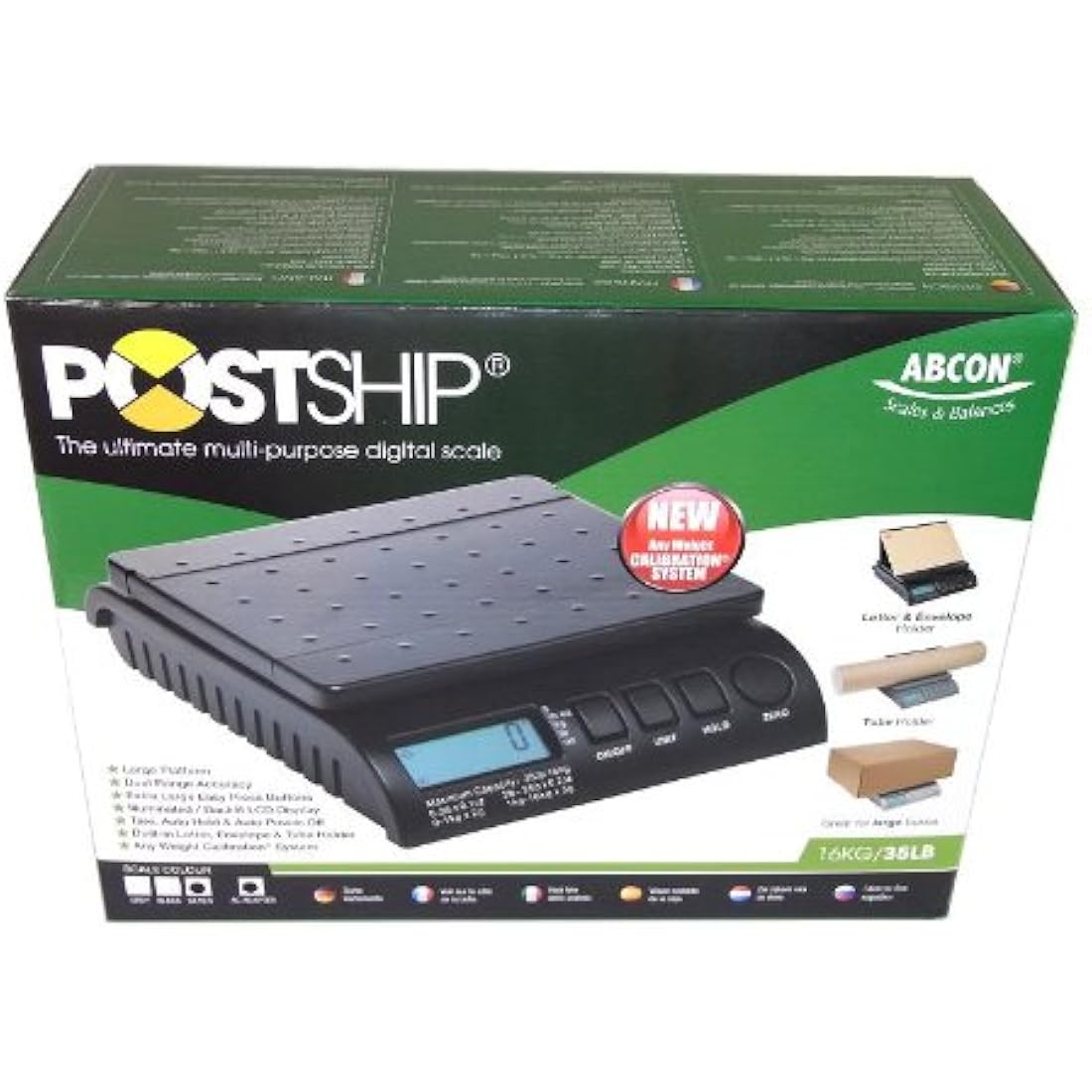 ABCON POSTSHIP Digital 20kg 44lb - FROM 1g INCREMENTS – 22x18cm Platform Letter Postal Postage Parcel Shipping Weighing Scales with Auto Hold & Auto Off : 0-1kg/1g 1-5kg/2g 5-20kg/5g Black