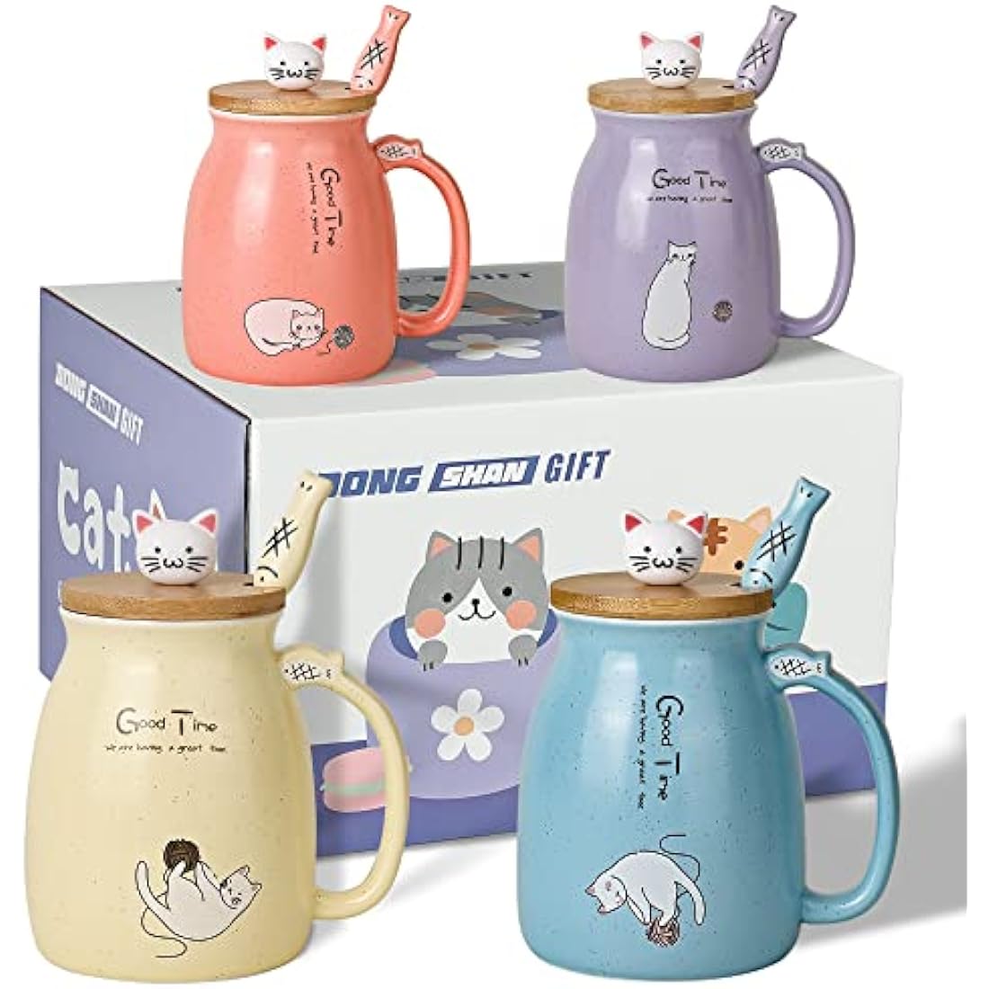 Cute Cat Mug Set of 4 Ceramic Coffee Cups with Lovely Kitty lid and Fish Spoon Novelty Morning Tea Milk Mug Set for Girls Women Christmas Birthday Gift Mug 450ML/15oz (4pcs,Blue Pink Purple Yellow)