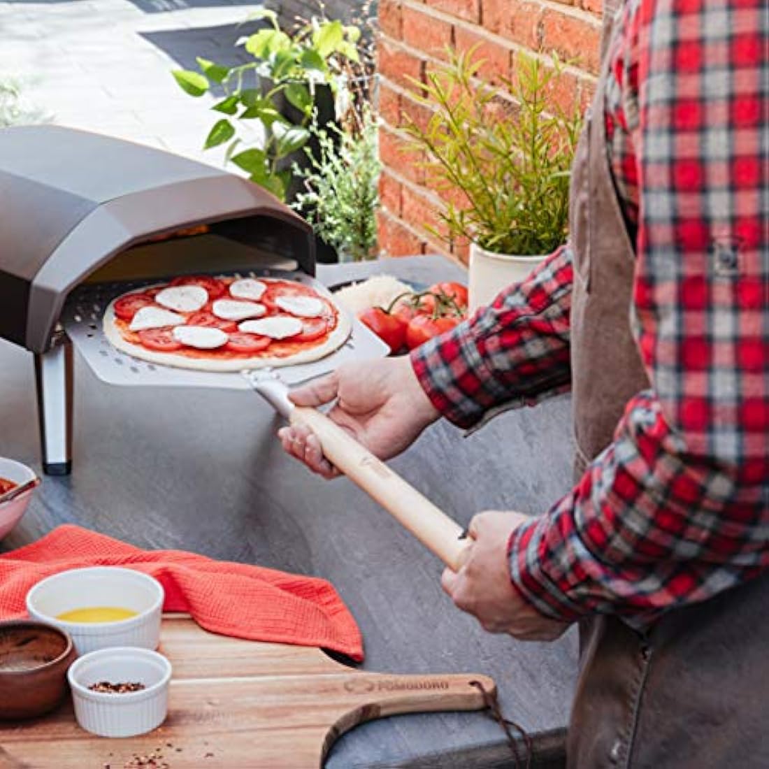 Chef Pomodoro Long Perforated Pizza Peel 12" x 14" (30 x 36 cm), Aluminum Pizza Paddle with Detachable Wood 49" (124 cm) Extendable Handle for Easy Storage Gourmet Luxury Pizza Turning Peel for Baking