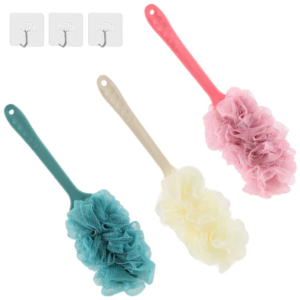 3 Pack Long Handle Bath Brush,Body Brush Back Scrubber,Shower Body Exfoliating Brush,Loofah On a Stick Sponge Brush for Back Cleaning, Exfoliating and