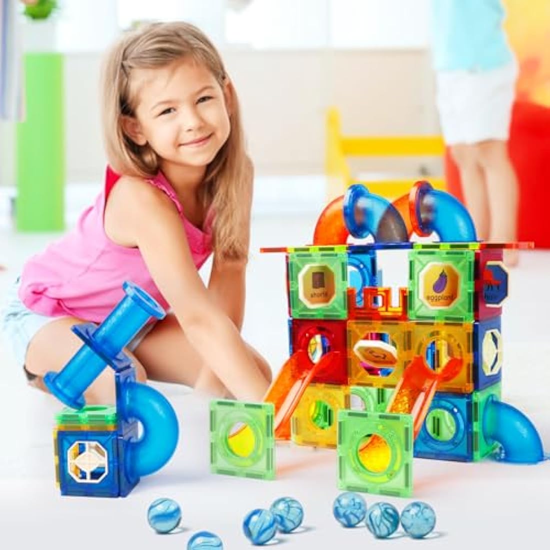 Magblock 122 PCS Magnetic Building Blocks Marble Run Toy for Kid, Magnetic Tiles STEM Construction Gift Toys for Boys Girls Age 3 4 5 6 7 Years Old