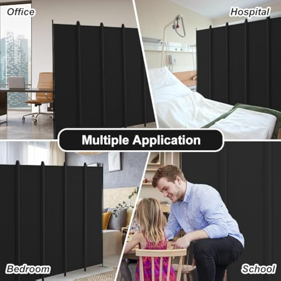 Kokorona 6 Panel Room Divider, 6FT Tall Folding Privacy Screen Wall Dividers, Portable Privacy Screen Freestanding Room Divider for Room Separation, Included-Cover Strips, Black, W 305 x H 183 cm